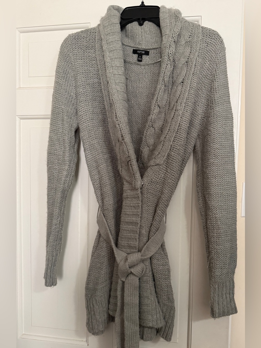 Apt. 9 Light Gray Collar Cable-Knit Belted Cardigan